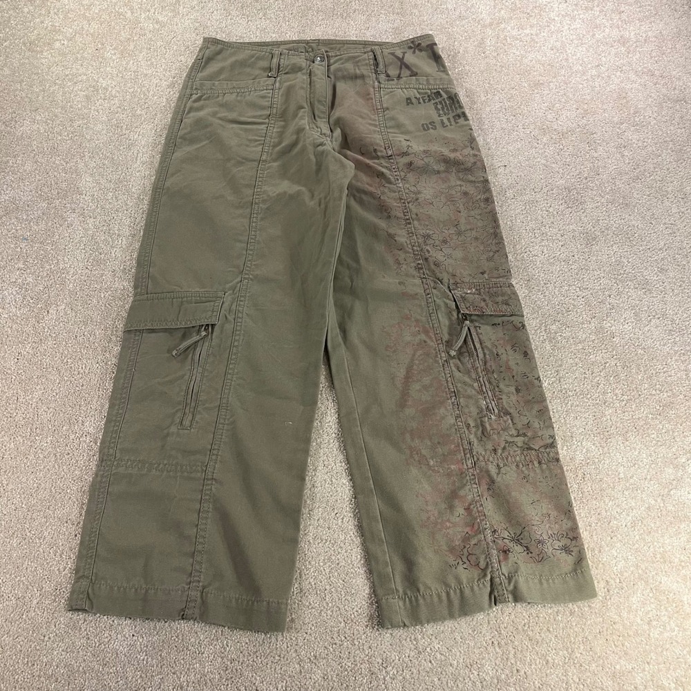 Blue Willi's Cargo Pants Womens 38 Olive Green Graphic Floral Wide Leg